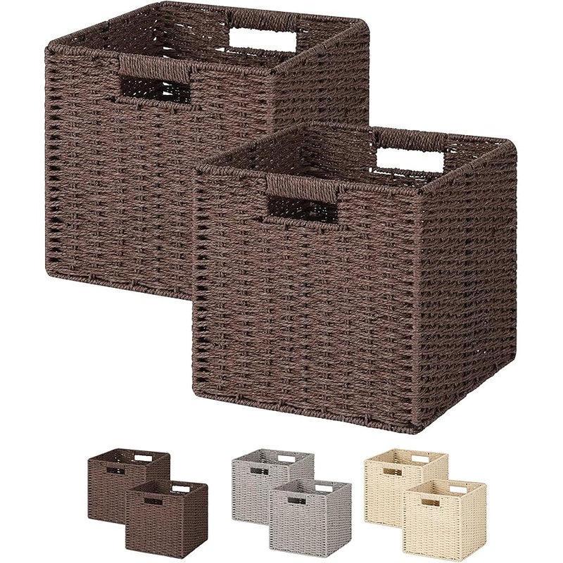 MIXDE Wicker Storage Baskets, Set of 2 Hand-Woven Paper Rope Storage Baskets, Foldable Cube Storage Bins Organizer  Square Wicker Storage Baskets for Shelves Pantry Organizing Decor, - Image 1
